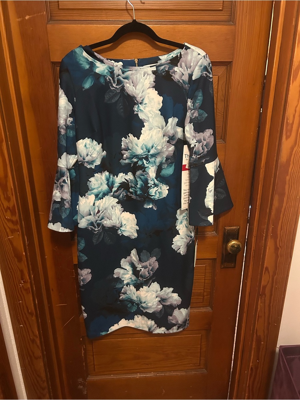 Floral Bell-Sleeve Shift Dress in Teal and White